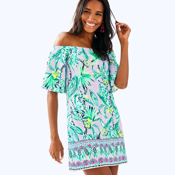 Lilly Pulitzer Dresses & Skirts - FAWCETT Lilly Pulitzer Lavender Verbena Print Off Shoulder Angel Sleeve Dress
